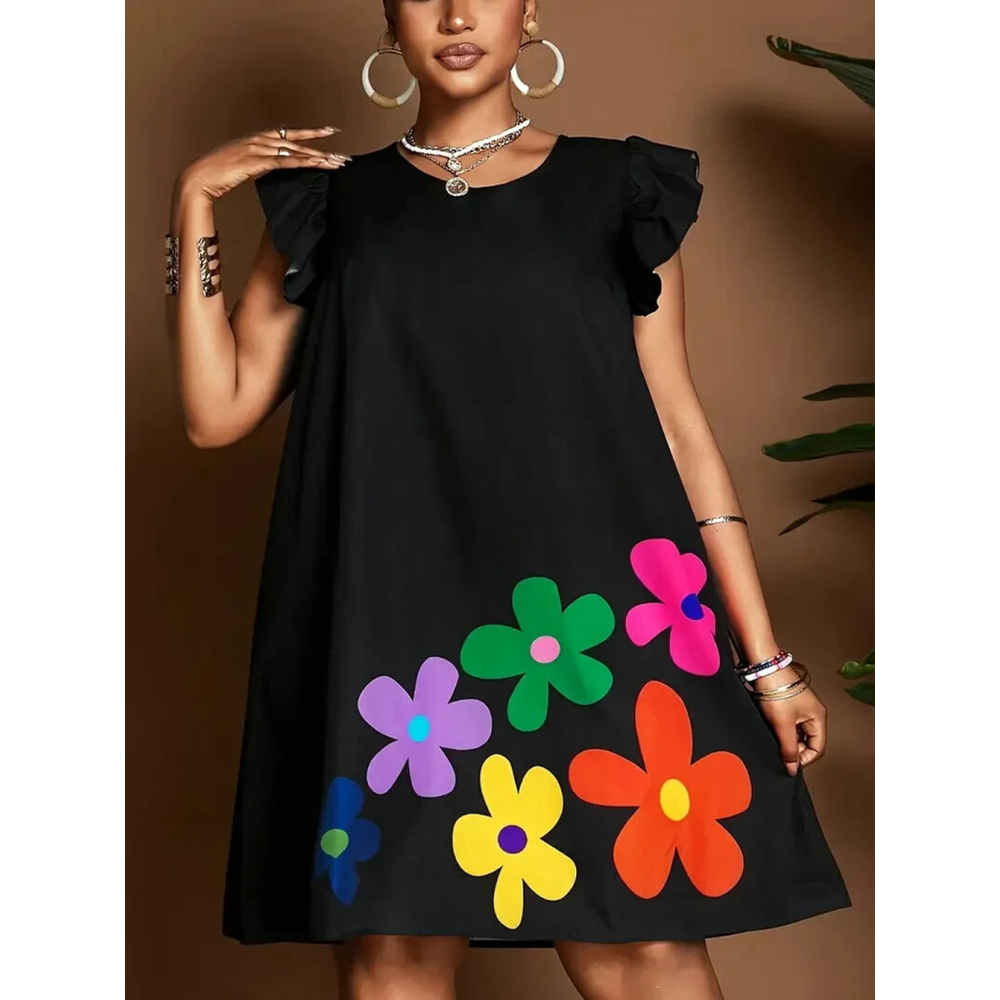 Osadía Black Swing Dress 3XL (18 US) Bold Flower Print Ruffle Sleeve Non-Stretch